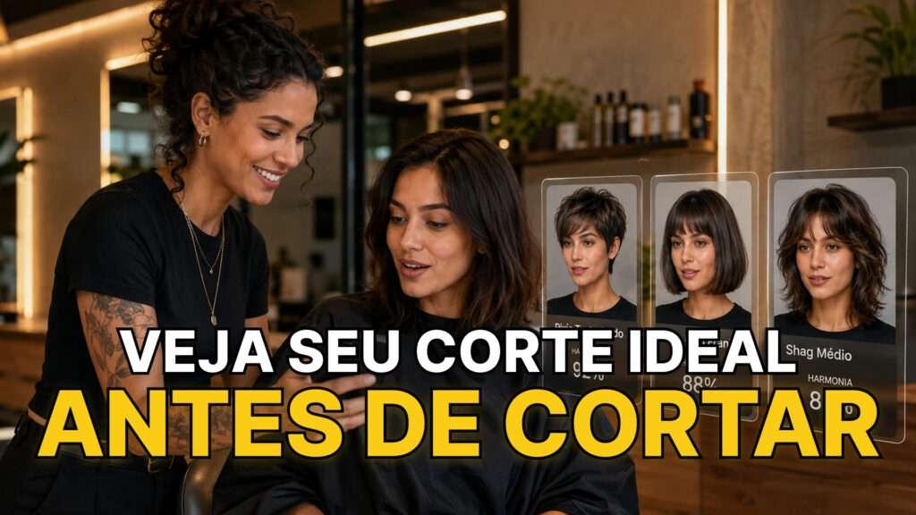 Mulher compara o rosto real com simulação de corte de cabelo no pandami. Texto: Veja seu corte ideal antes de cortar.