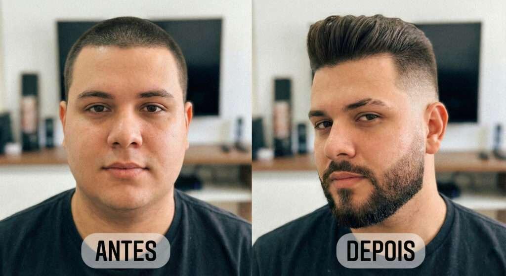 Antes e depois de transformação de visagismo de barba masculino