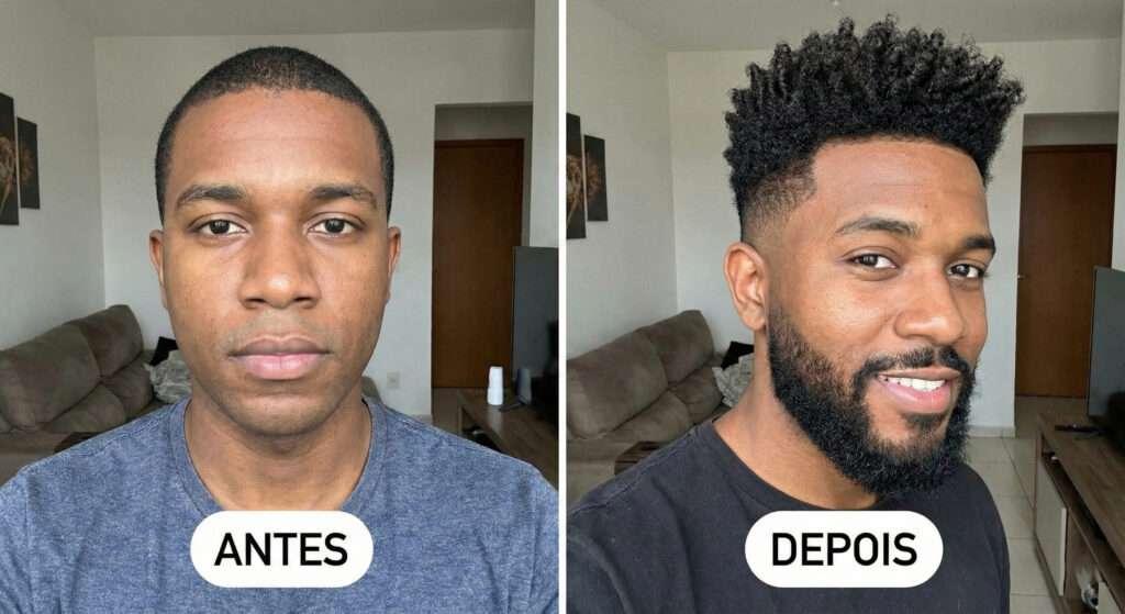 Antes e depois de transformação de visagismo masculino para rosto oval