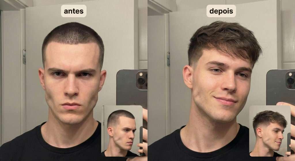 Antes e depois de transformação de visagismo masculino para rosto quadrado