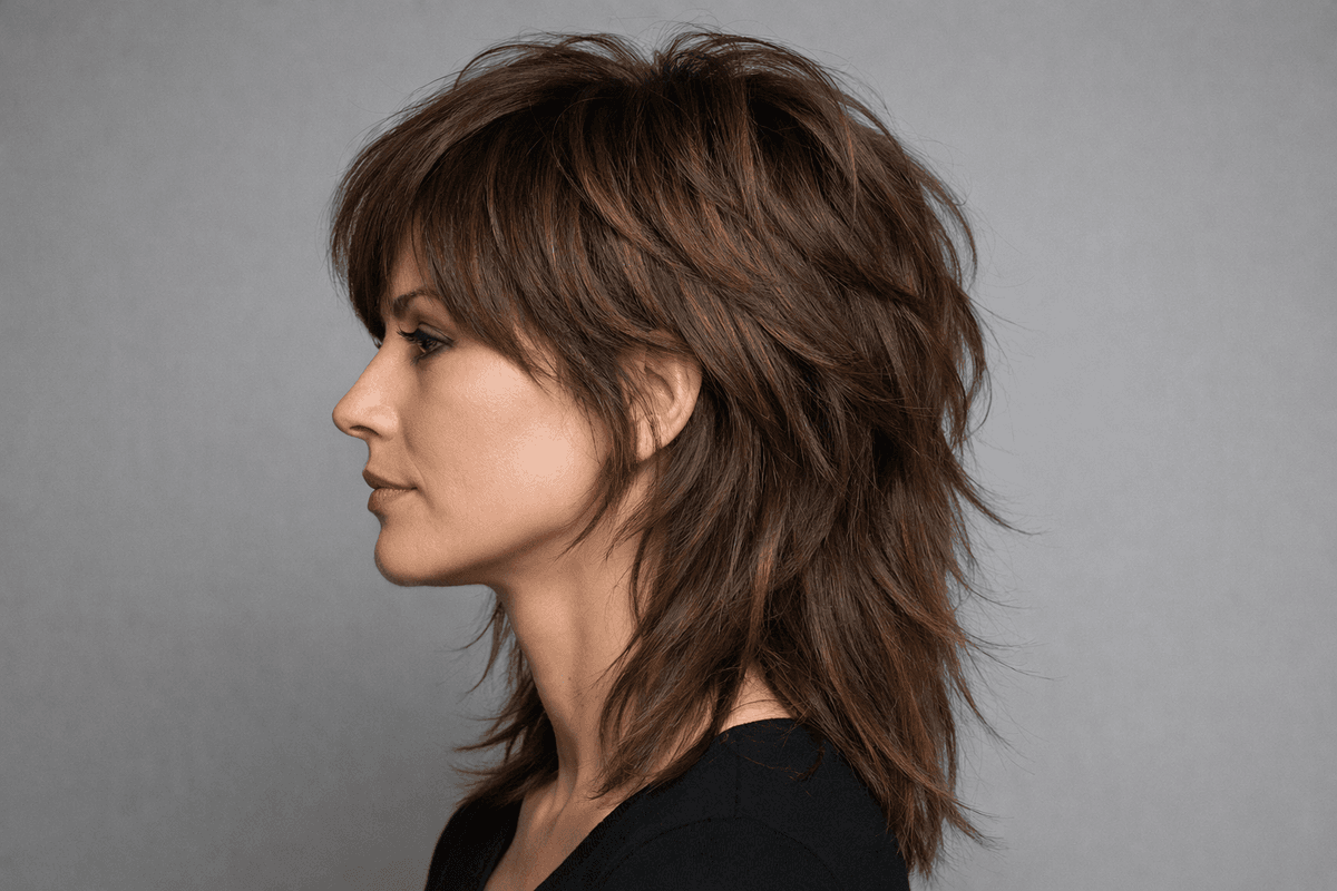 Wolf cut de perfil com linha de peso entre o topo e as pontas