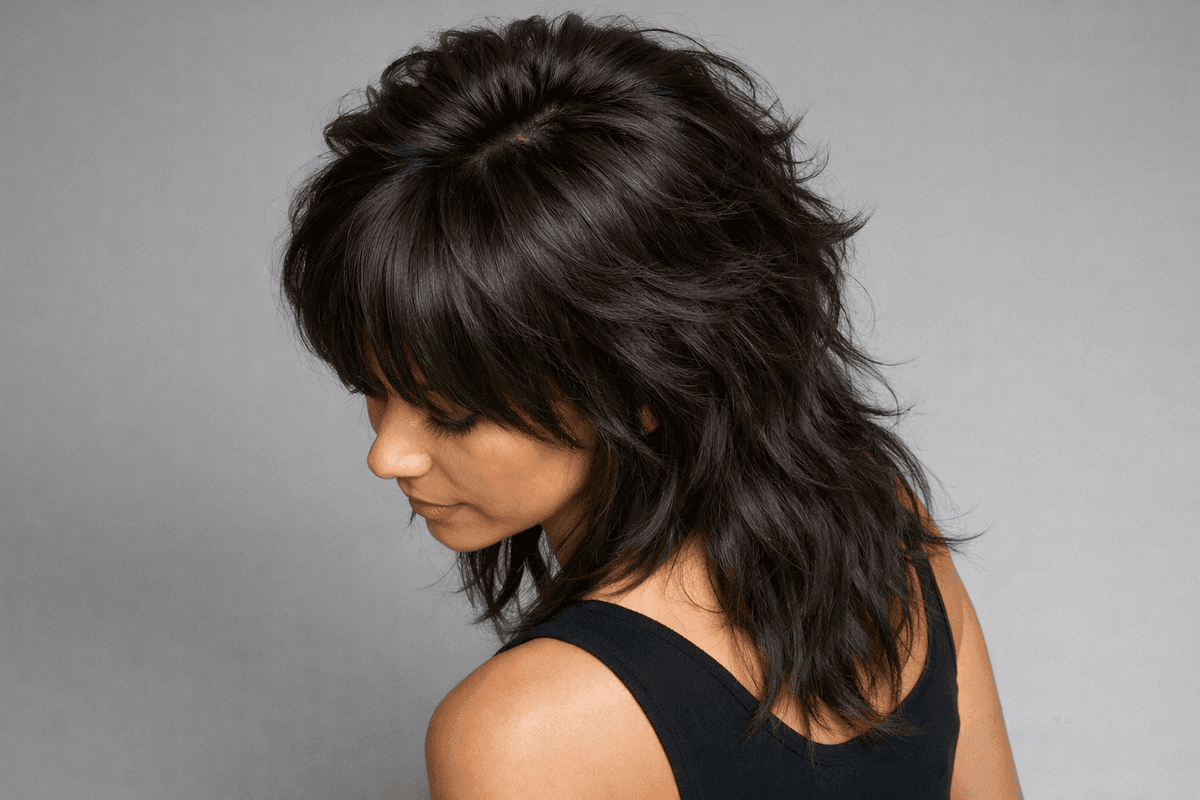 Topo de wolf cut visto do alto com camadas curtas e volume