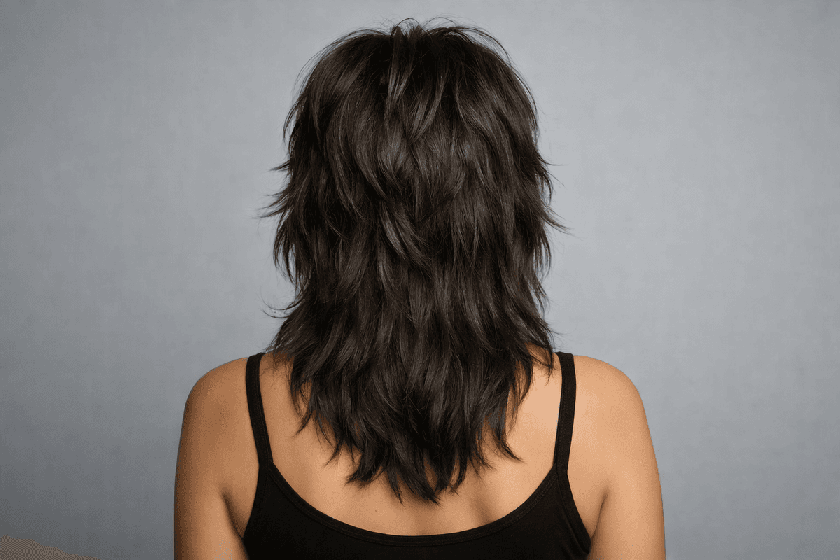 Wolf cut visto de costas com volume no topo e pontas longas