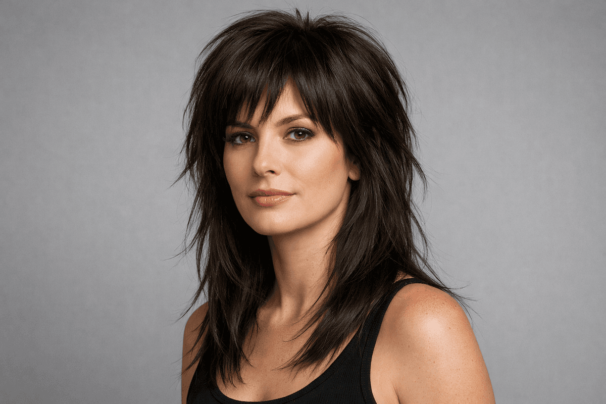 Wolf cut em cabelo liso com camadas visíveis e linha de peso