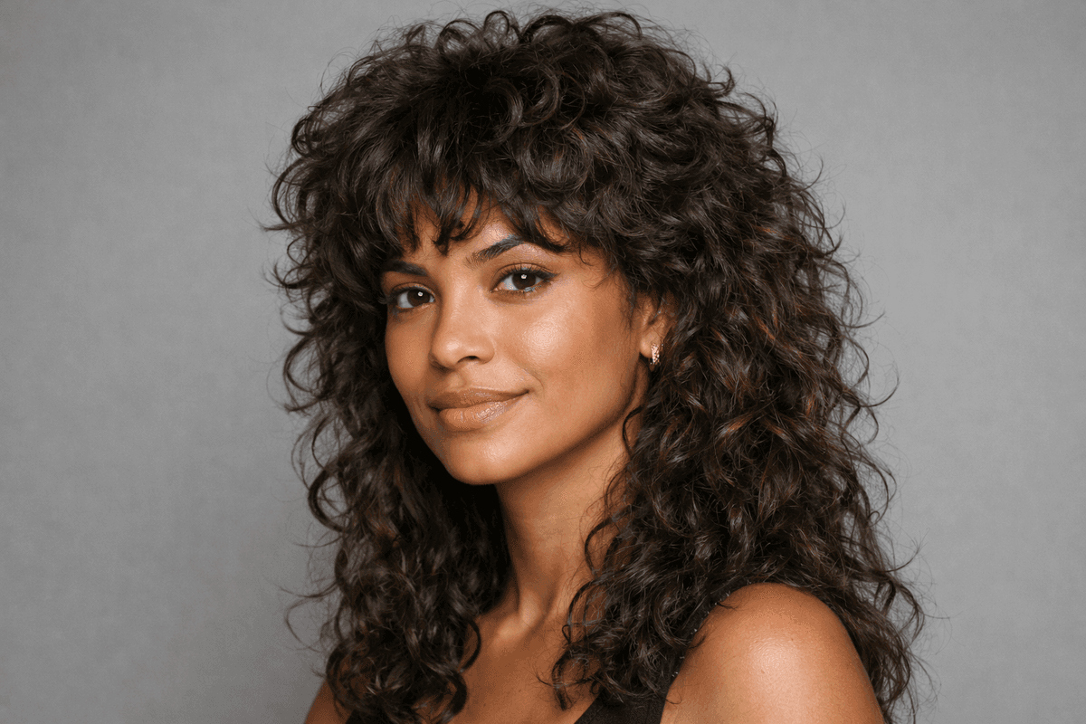 Wolf cut em cabelo cacheado com volume no topo e cachos definidos
