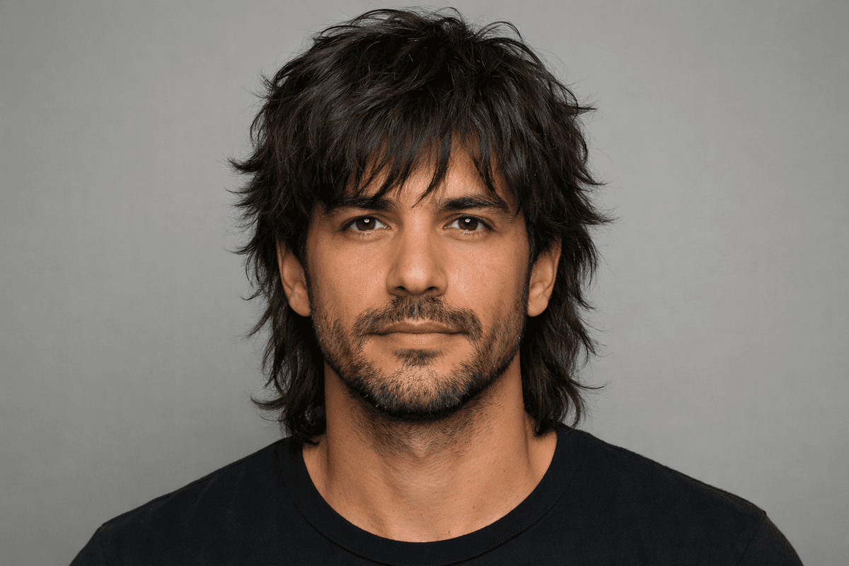 Wolf cut masculino de frente com camadas texturizadas no topo