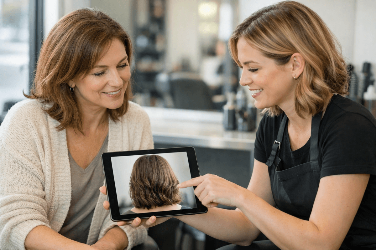 Consulta ilustrativa com foto de referência de corte no tablet