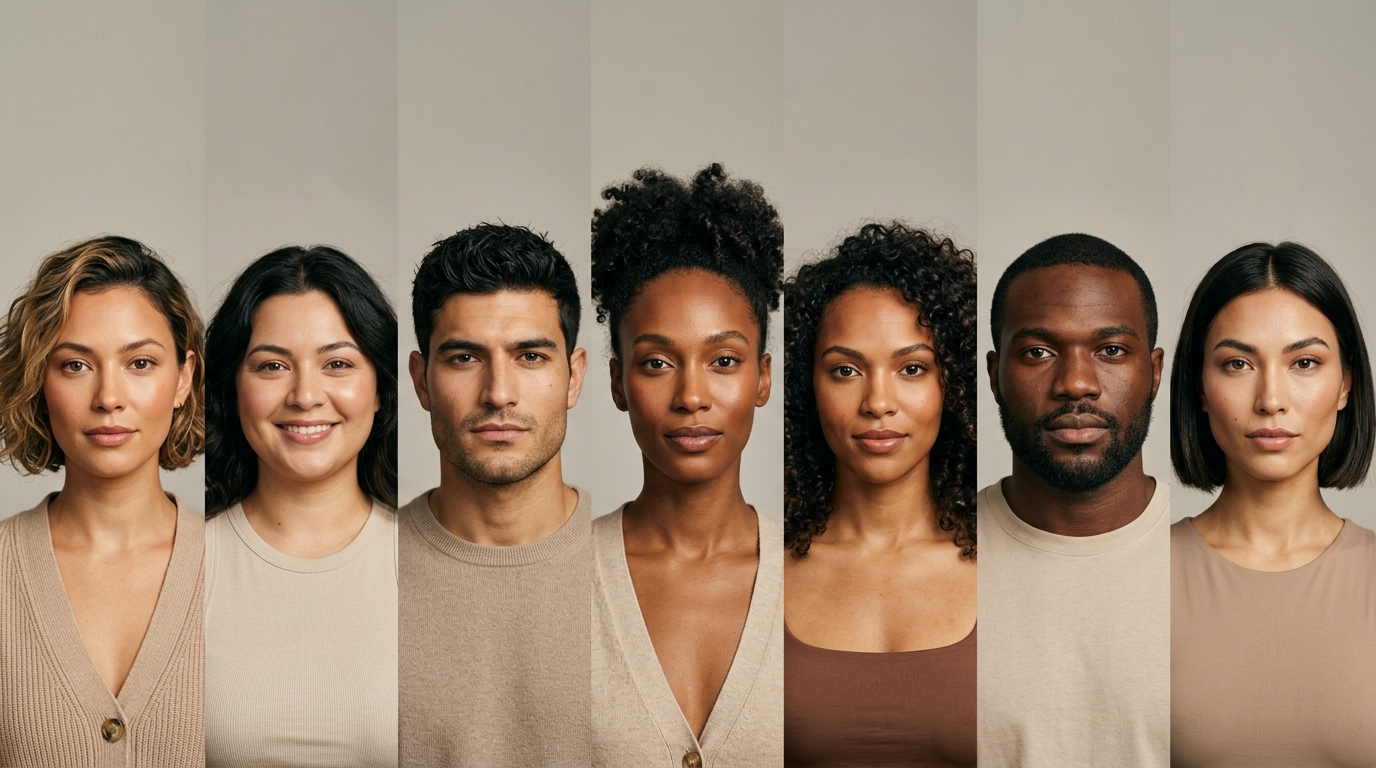 Comparação visual dos sete formatos de rosto no visagismo em diferentes pessoas