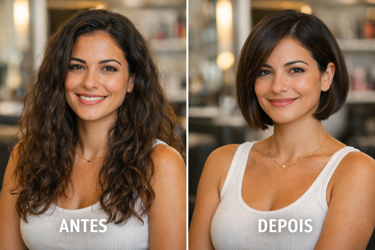 Mulher brasileira antes e depois da simulação de corte com IA