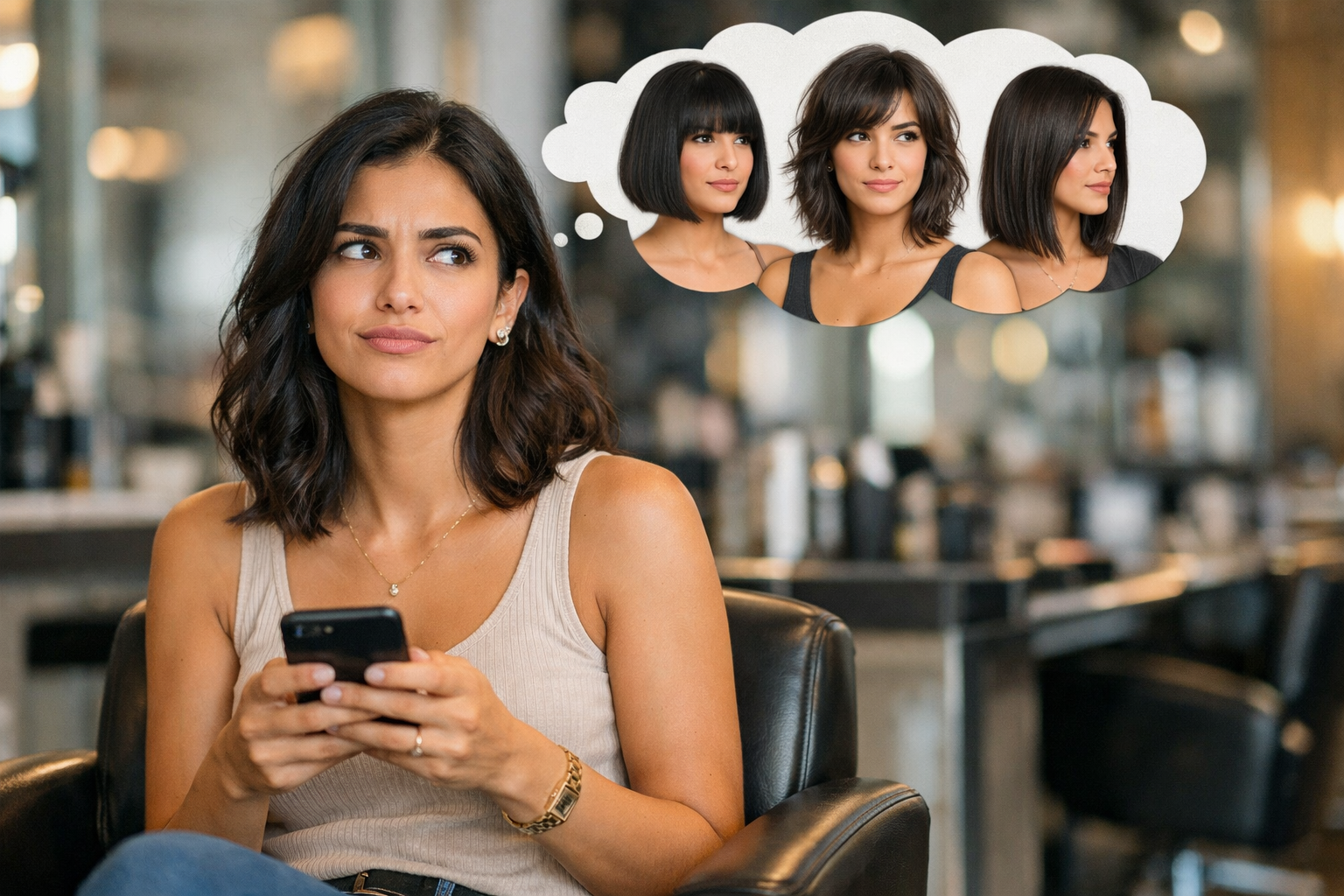 Mulher brasileira com dúvidas sobre qual corte de cabelo escolher da simulação de corte