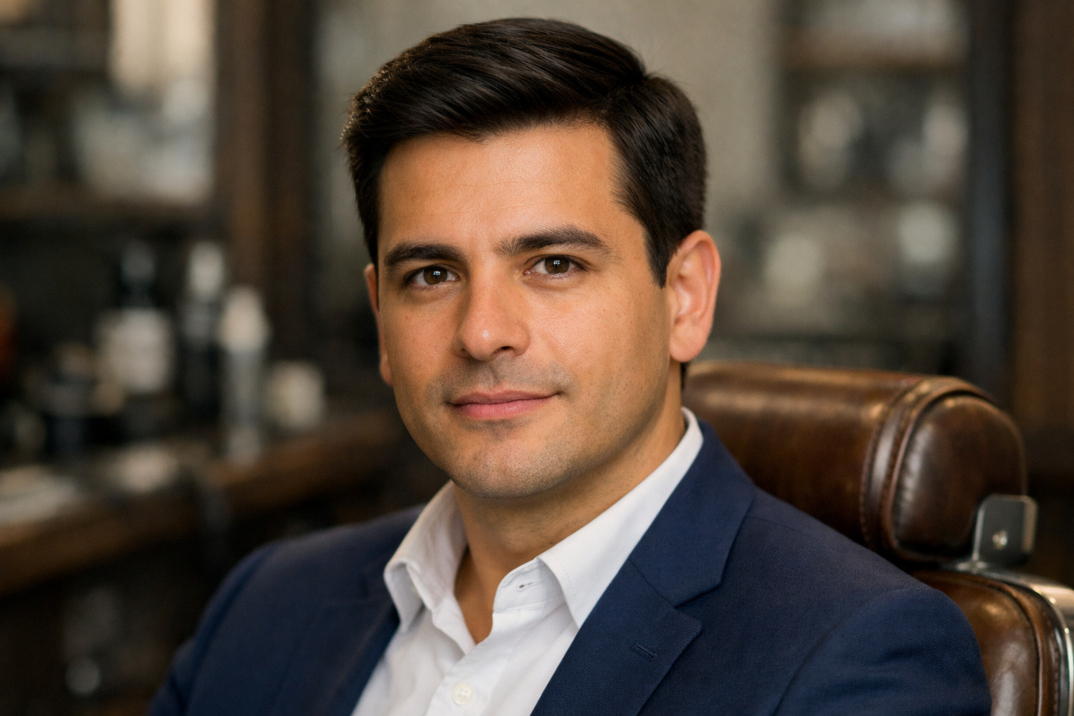 Corte social com laterais e nuca curta, comprimento moderado no topo em homem brasileiro com rosto oval