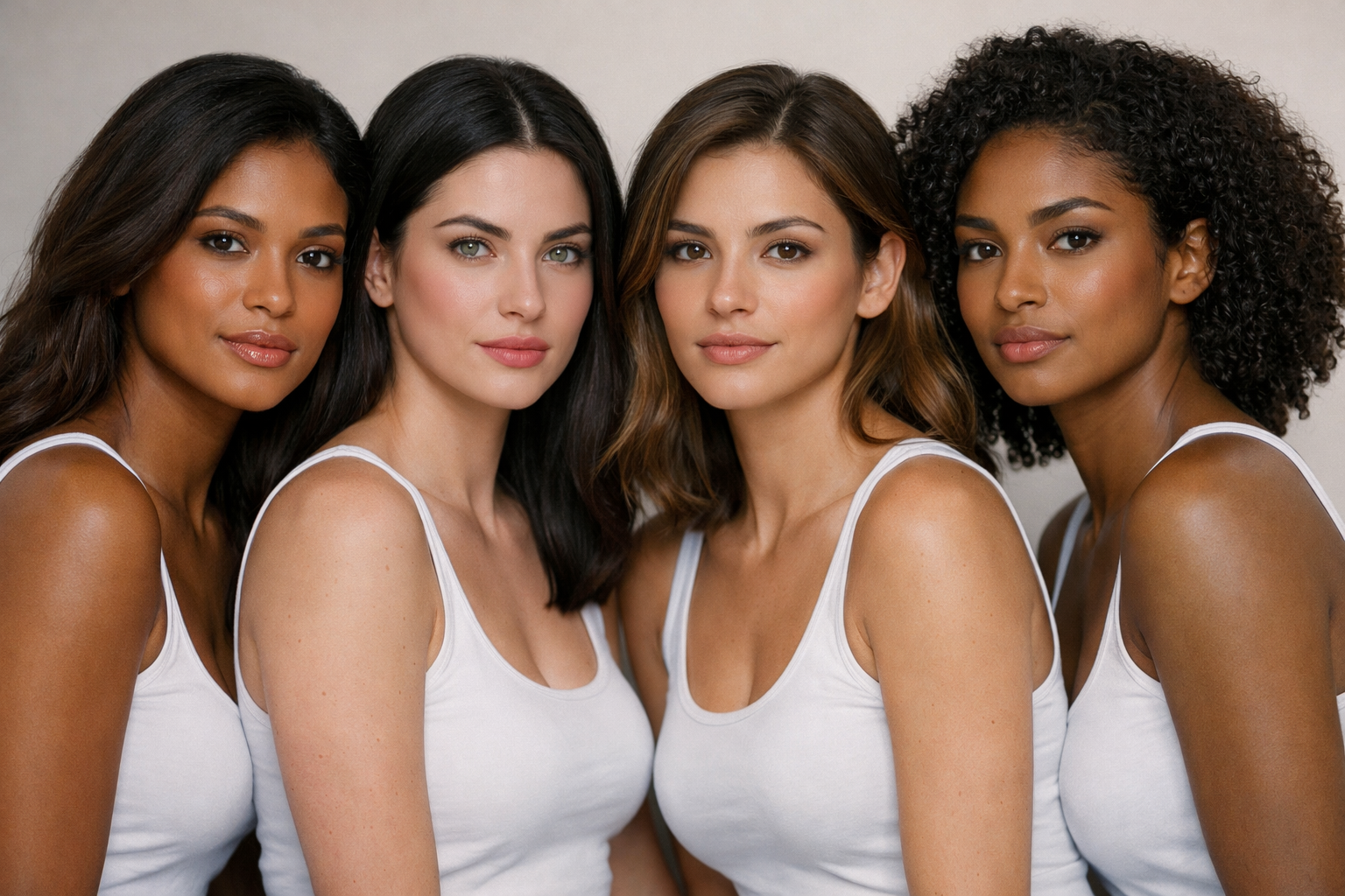 Quatro mulheres brasileiras mostrando diferentes subtons de pele: quente, frio, neutro e oliva