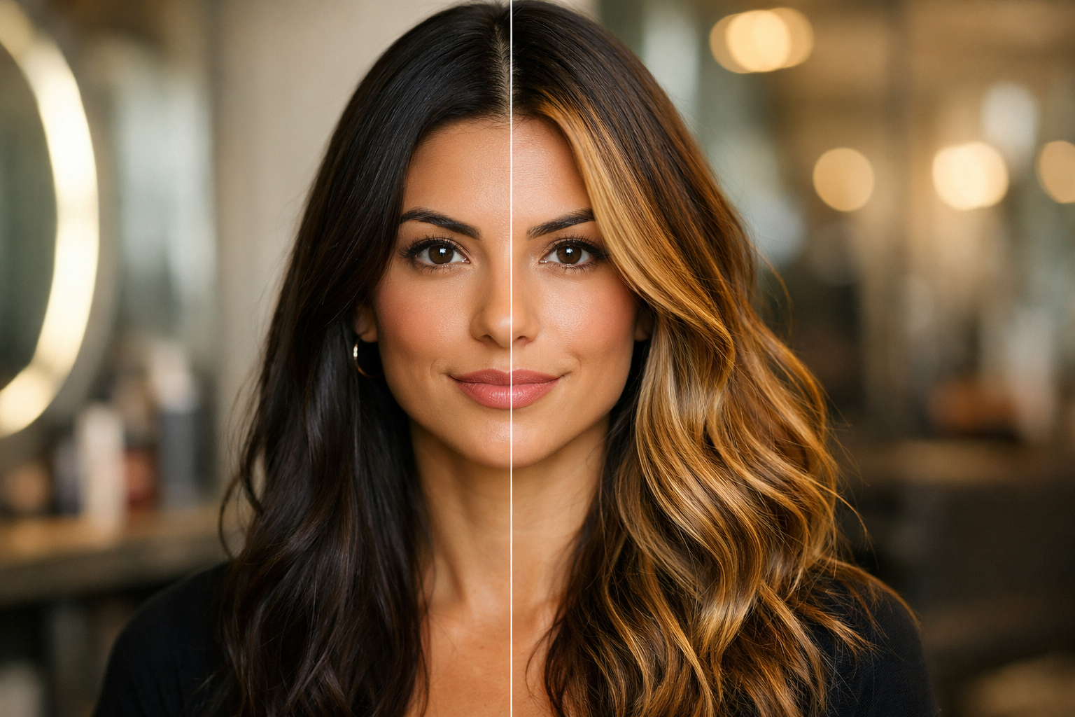 Comparação de cores de cabelo em mulher brasileira com subtom oliva usando simulador