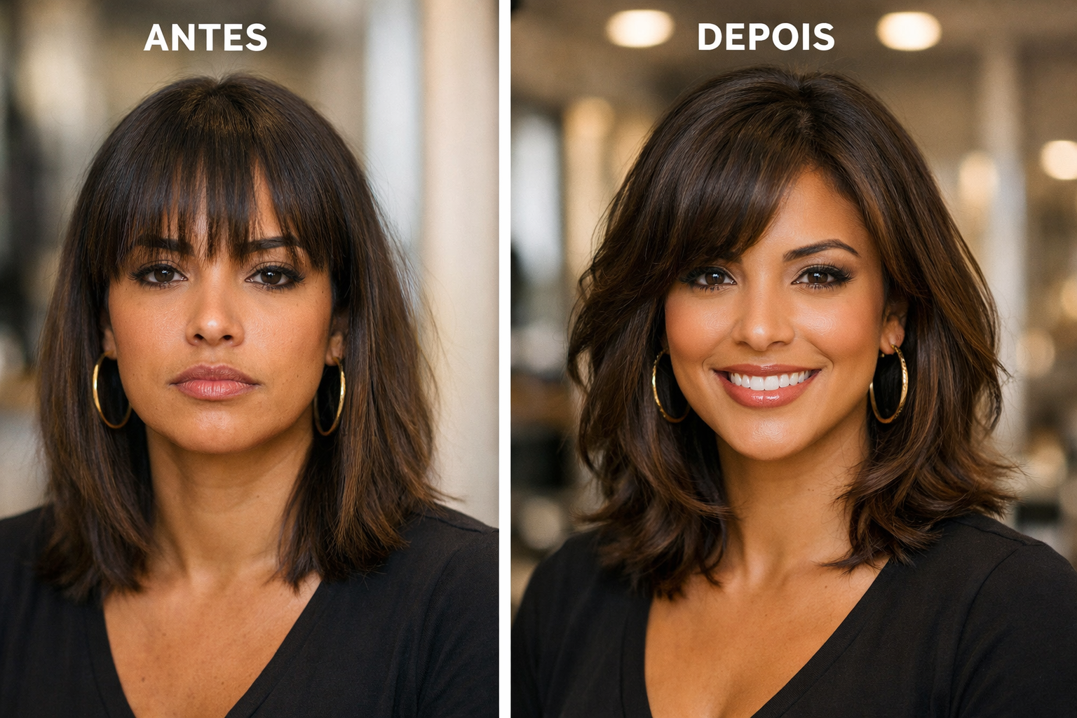 Antes e depois de transformação capilar usando análise de visagismo com IA