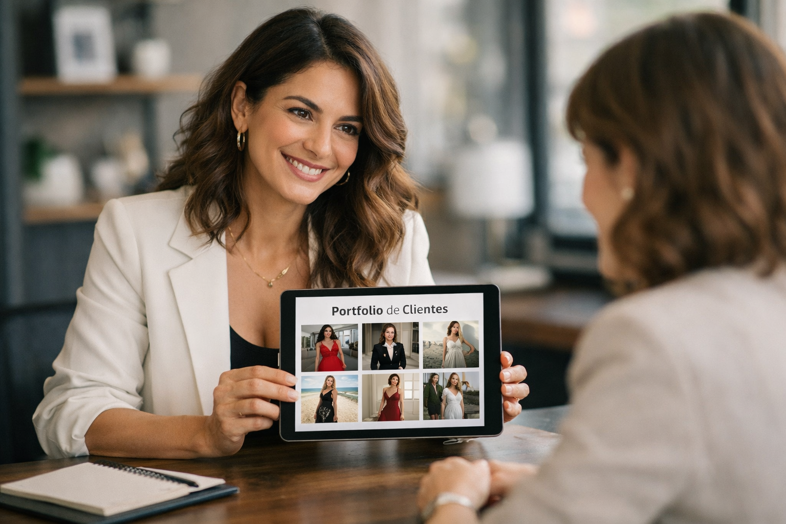 Profissional de moda brasileira apresentando portfólio digital com análises de colorimetria em tablet