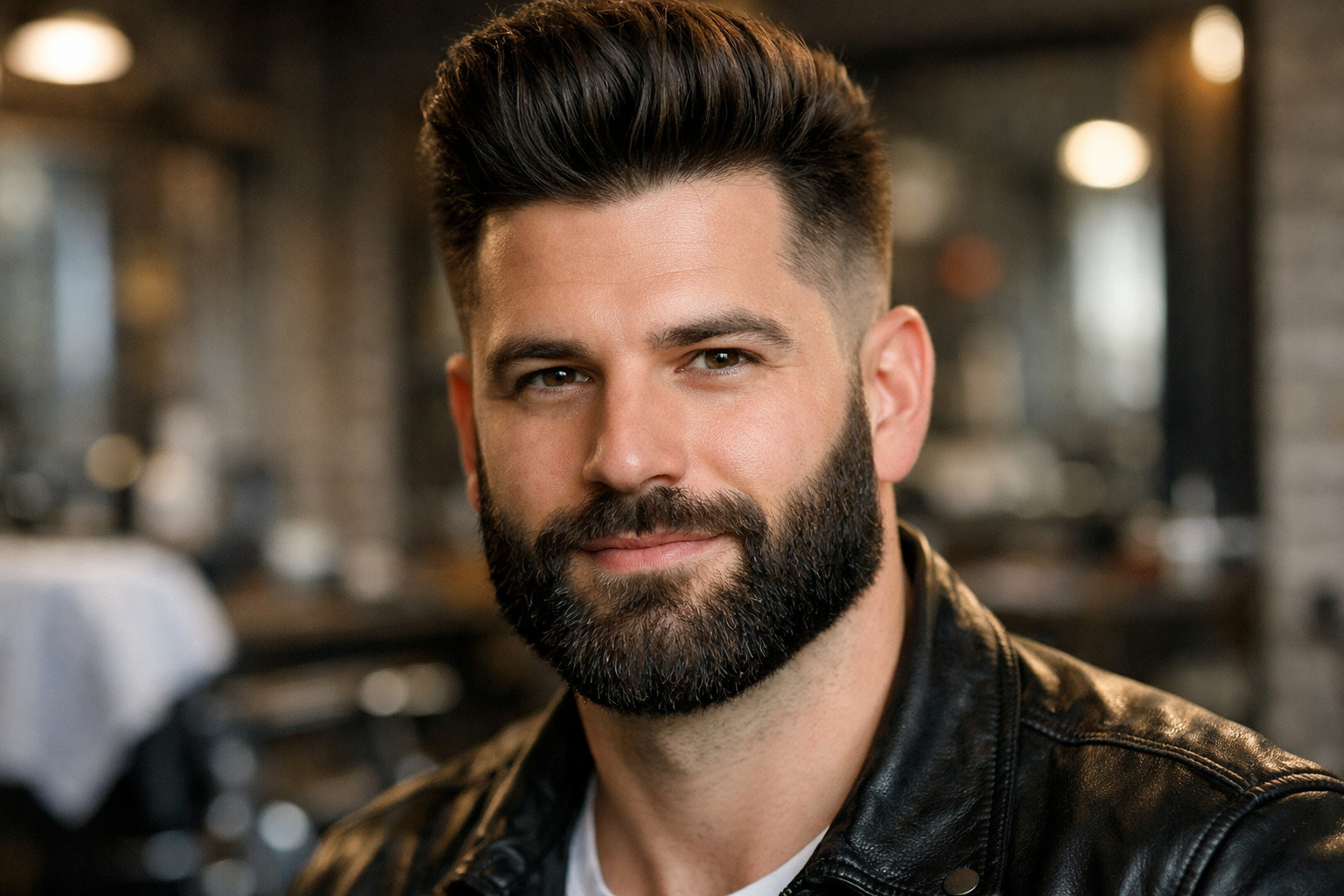 Homem brasileiro com rosto triangular usando pompadour volumoso e barba cheia equilibrada