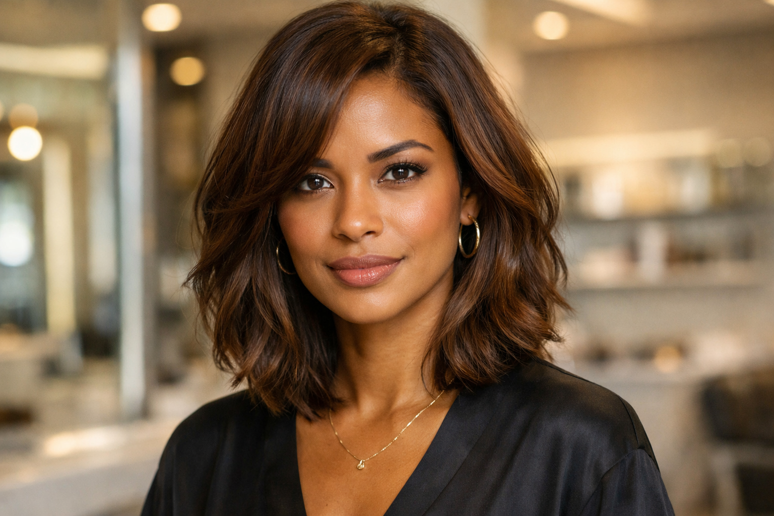 Corte médio com camadas em mulher brasileira com rosto oblongo e cabelo castanho