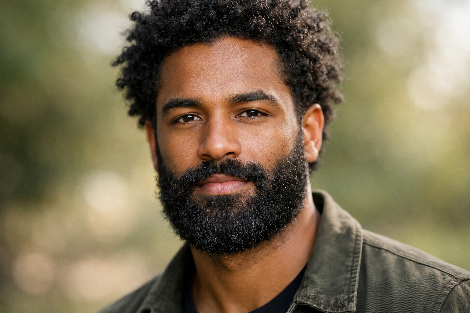 Barba lenhador volumosa e natural em homem com rosto oval e cabelos escuros