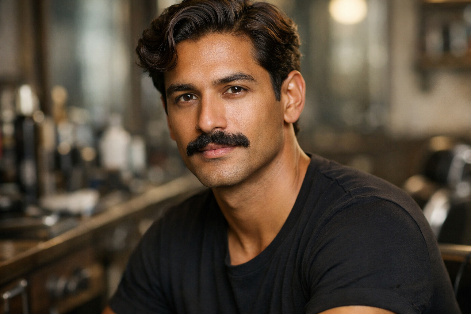 Bigode clássico bem aparado em homem com rosto oblongo e cabelos castanhos