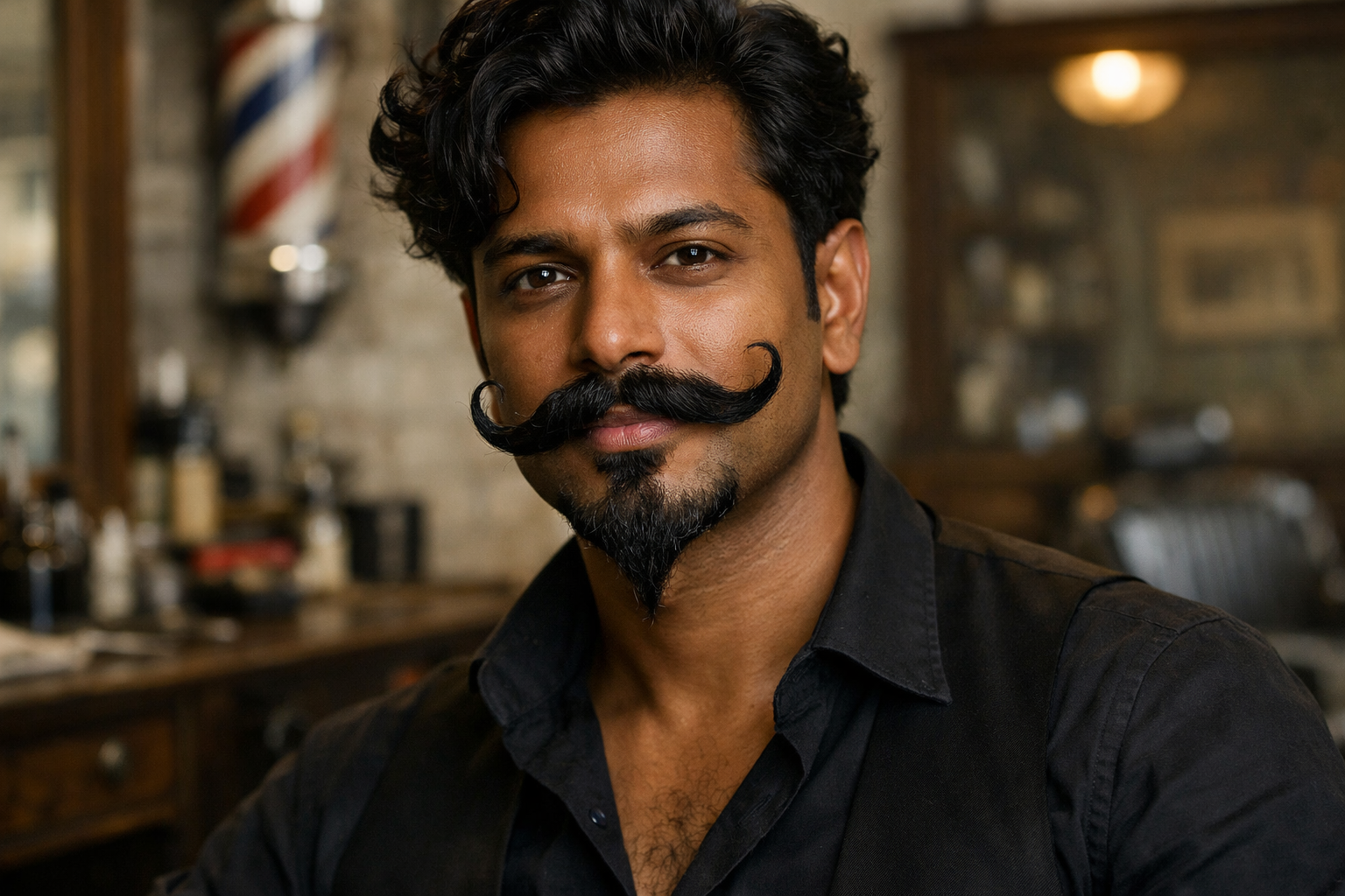 Imperial com bigode volumoso e pontas para cima em homem com rosto oval e cabelos escuros