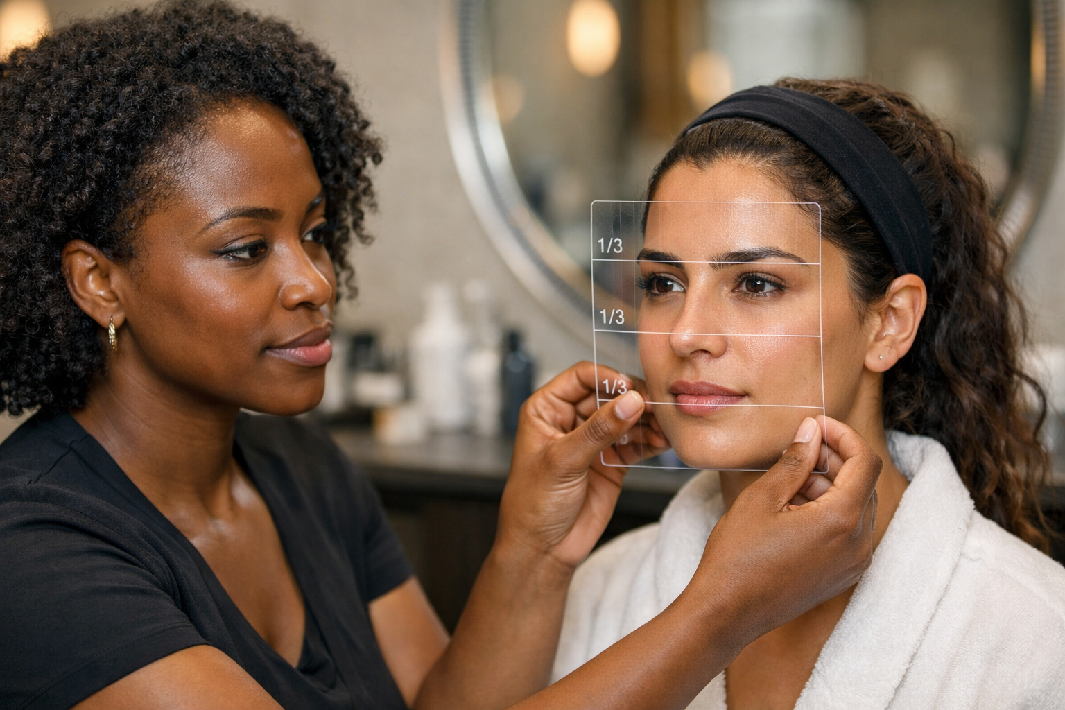 Profissional de visagismo medindo terços faciais de cliente com régua transparente em salão