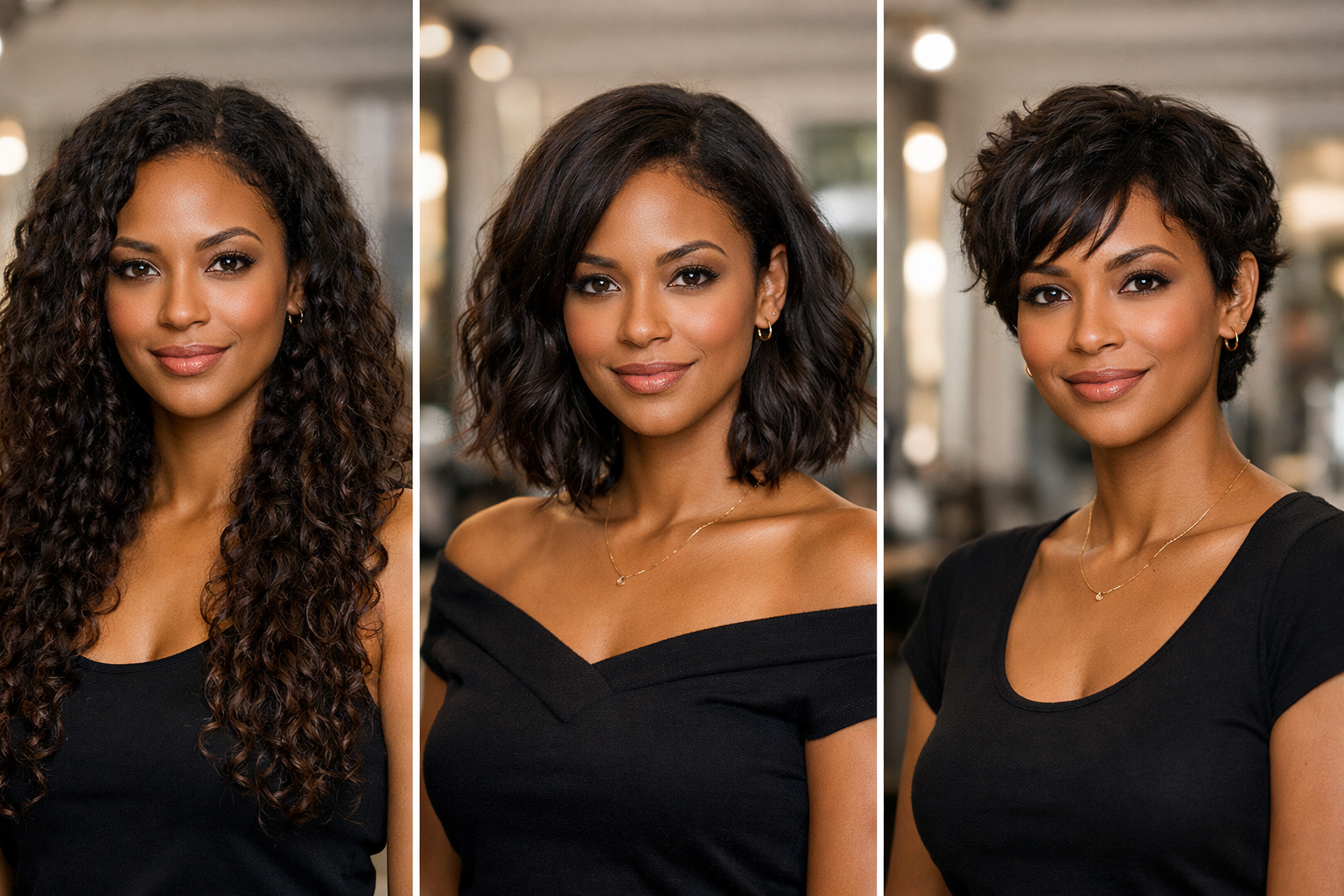 Sequência de três fotos mostrando evolução gradual de cabelo longo para médio e curto