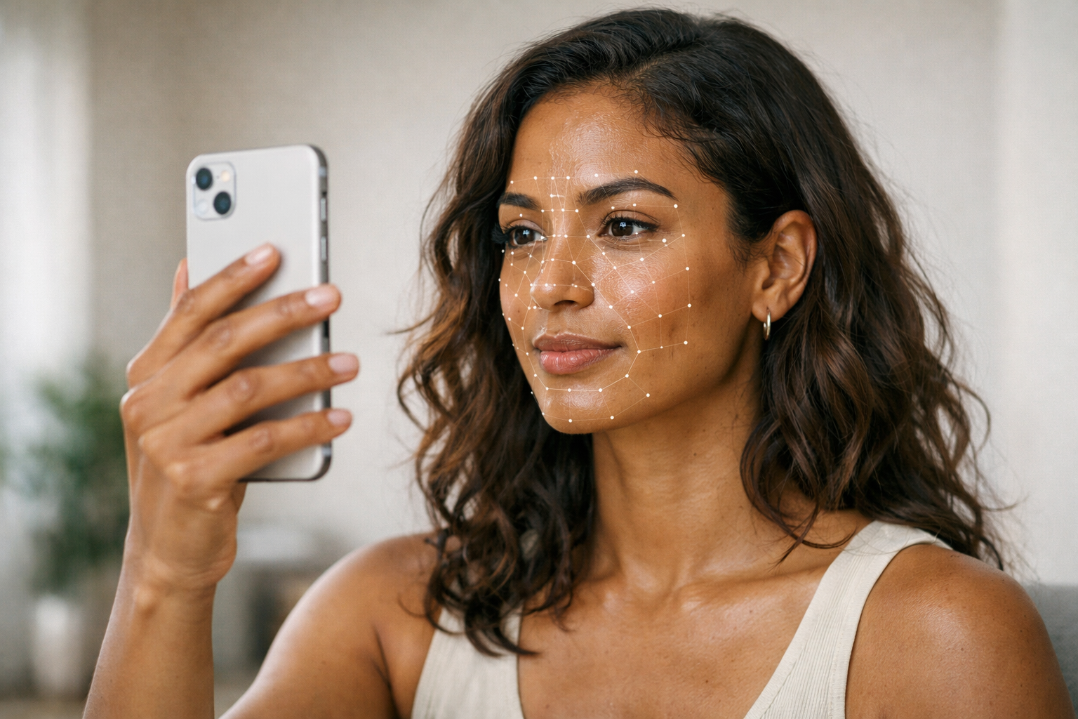 Mulher fazendo análise facial com smartphone para teste de formato de rosto
