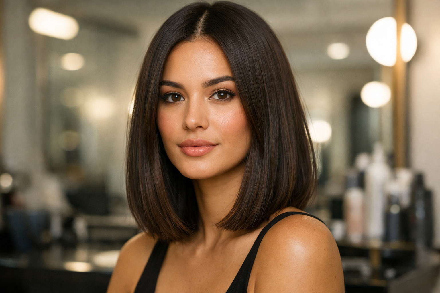 Long bob moderno em mulher com cabelo liso escuro, comprimento nos ombros com pontas retas
