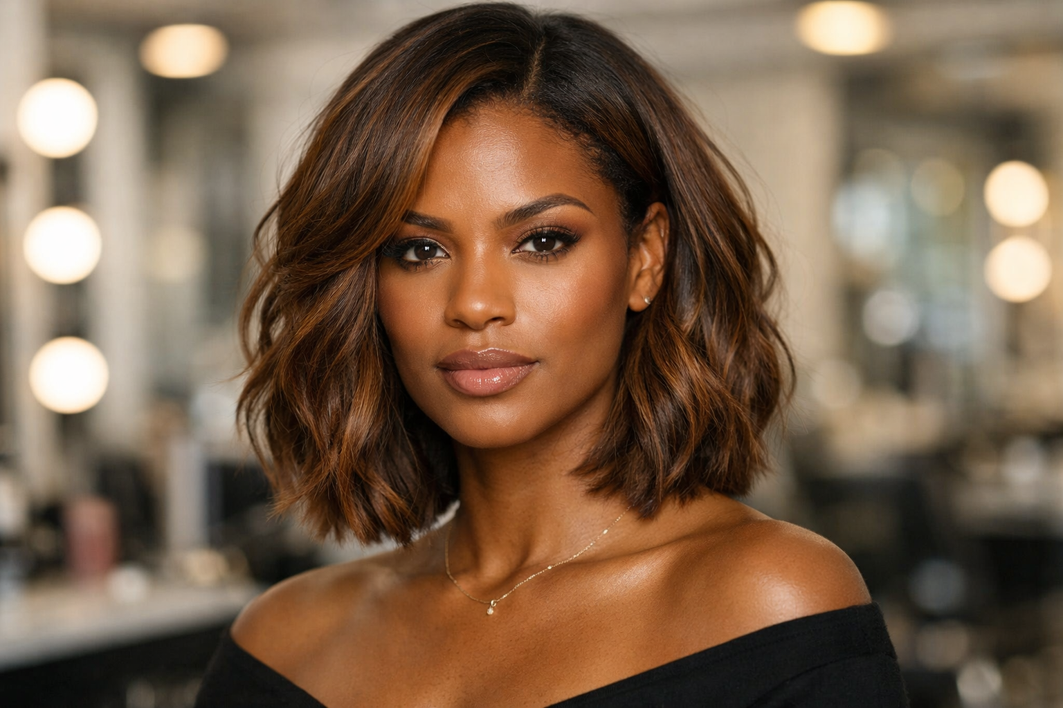 Clavicle bob em mulher com cabelo ondulado castanho claro, comprimento exato na clavícula