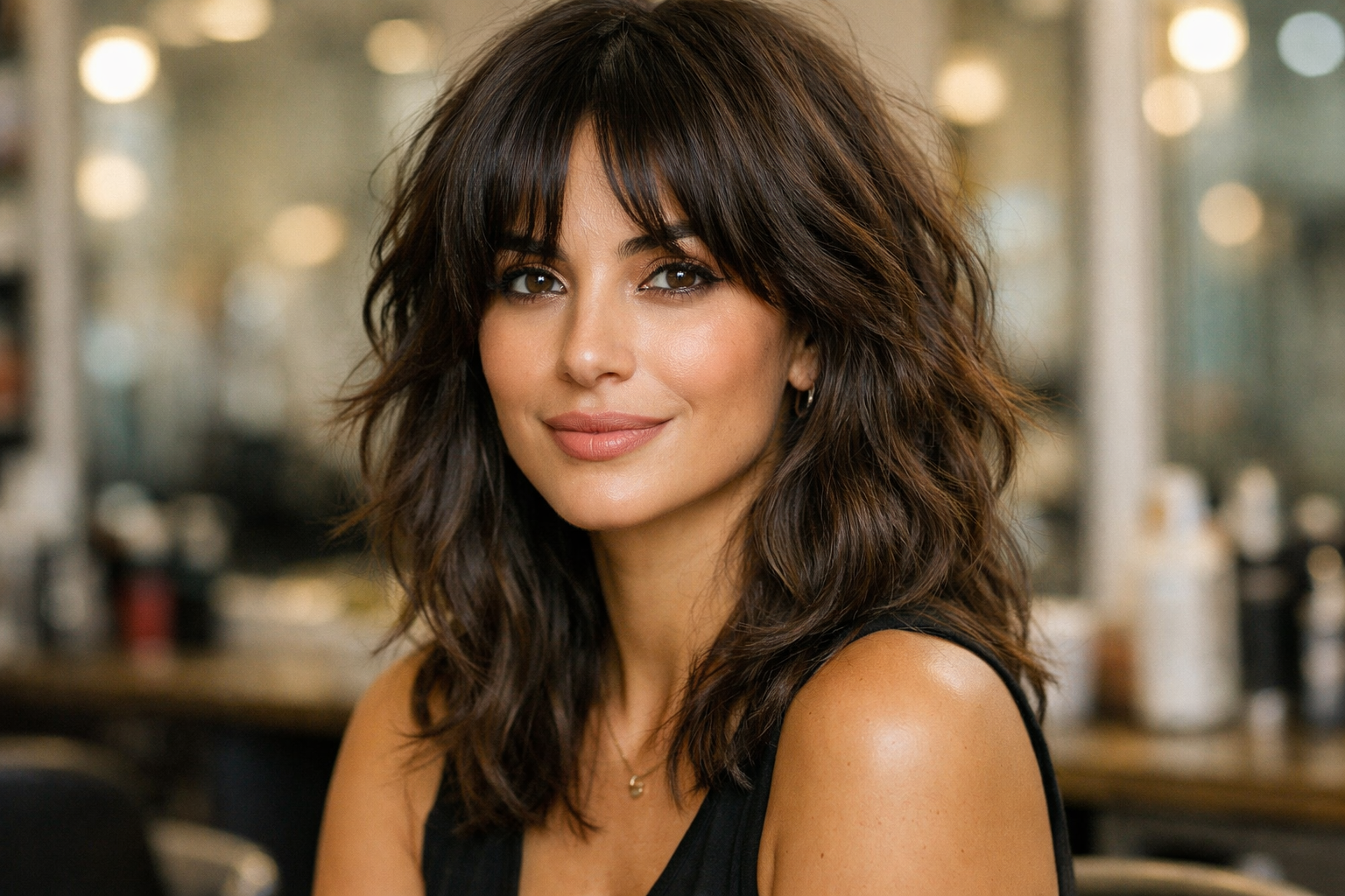 Midi shag em mulher com cabelo ondulado escuro, camadas texturizadas e franja cortina