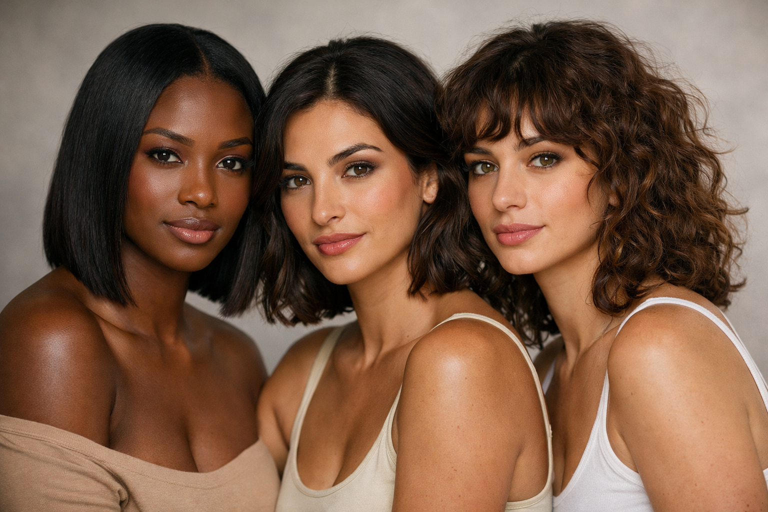 Comparação lado a lado de três mulheres com comprimentos médios diferentes: long bob, clavicle bob e midi shag