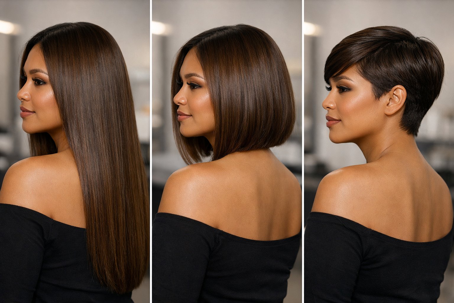 Comparação da transição capilar, do corte de cabelo longo para o médio e depois o curto