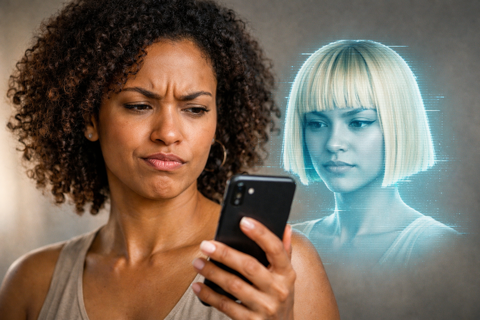 Mulher insatisfeita com o Efeito Capacete em app de filtro 