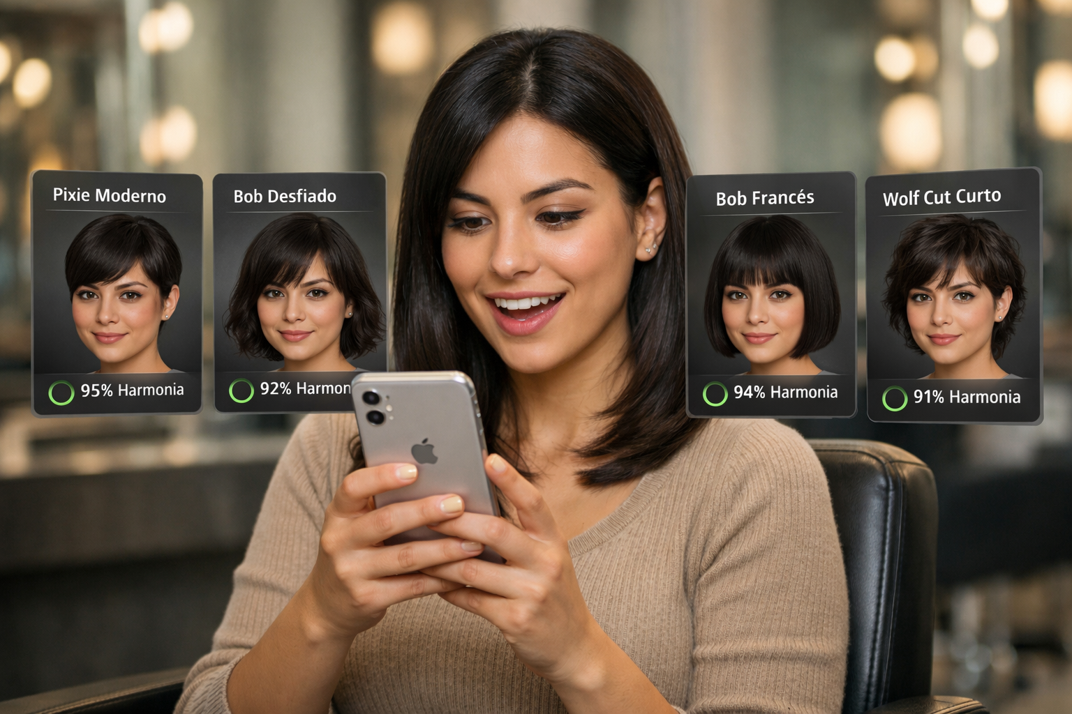 Mulher testando corte de cabelo curto em aplicativo para testar cortes curtos