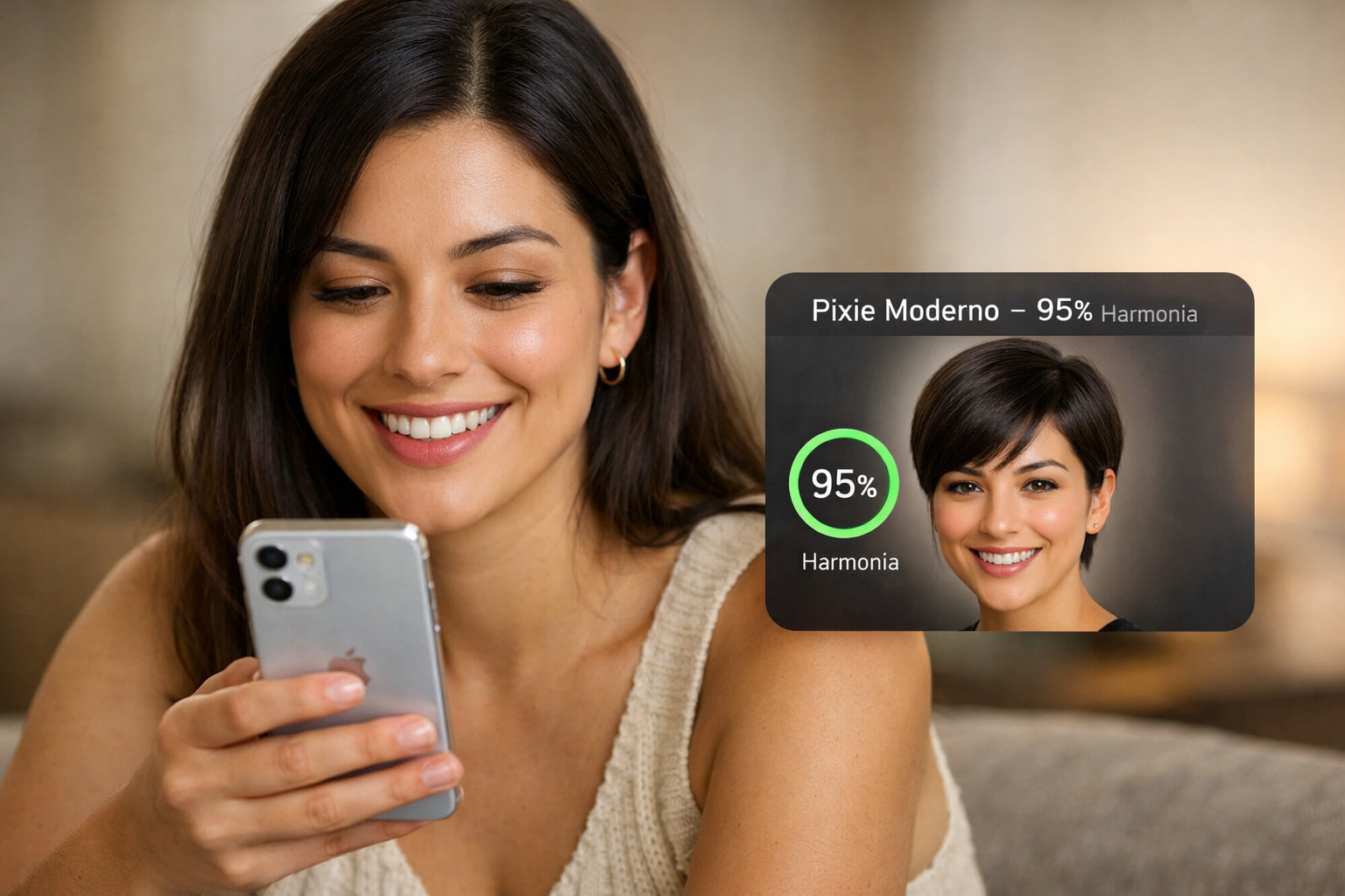 Mulher testando cortes de cabelo com IA pelo celular