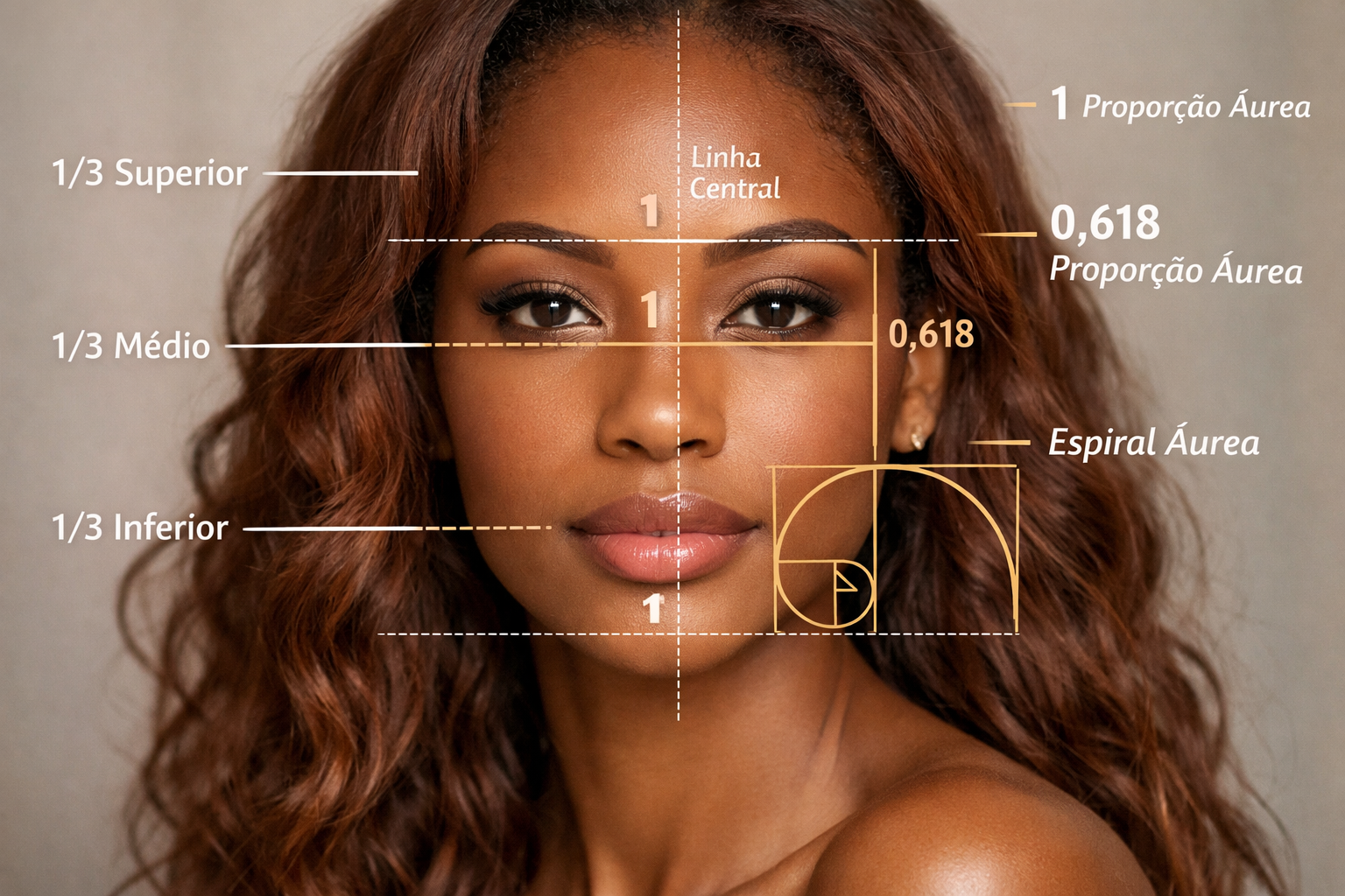 Diagrama ilustrativo dos terços faciais e proporção áurea em rosto feminino