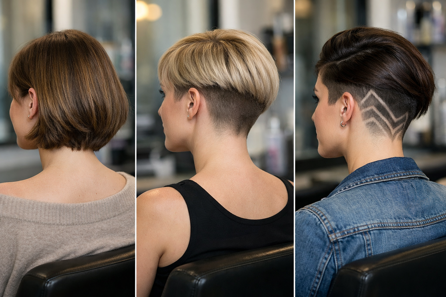 Comparação visual de três níveis de raspado na nuca feminina: escondido, médio e visível