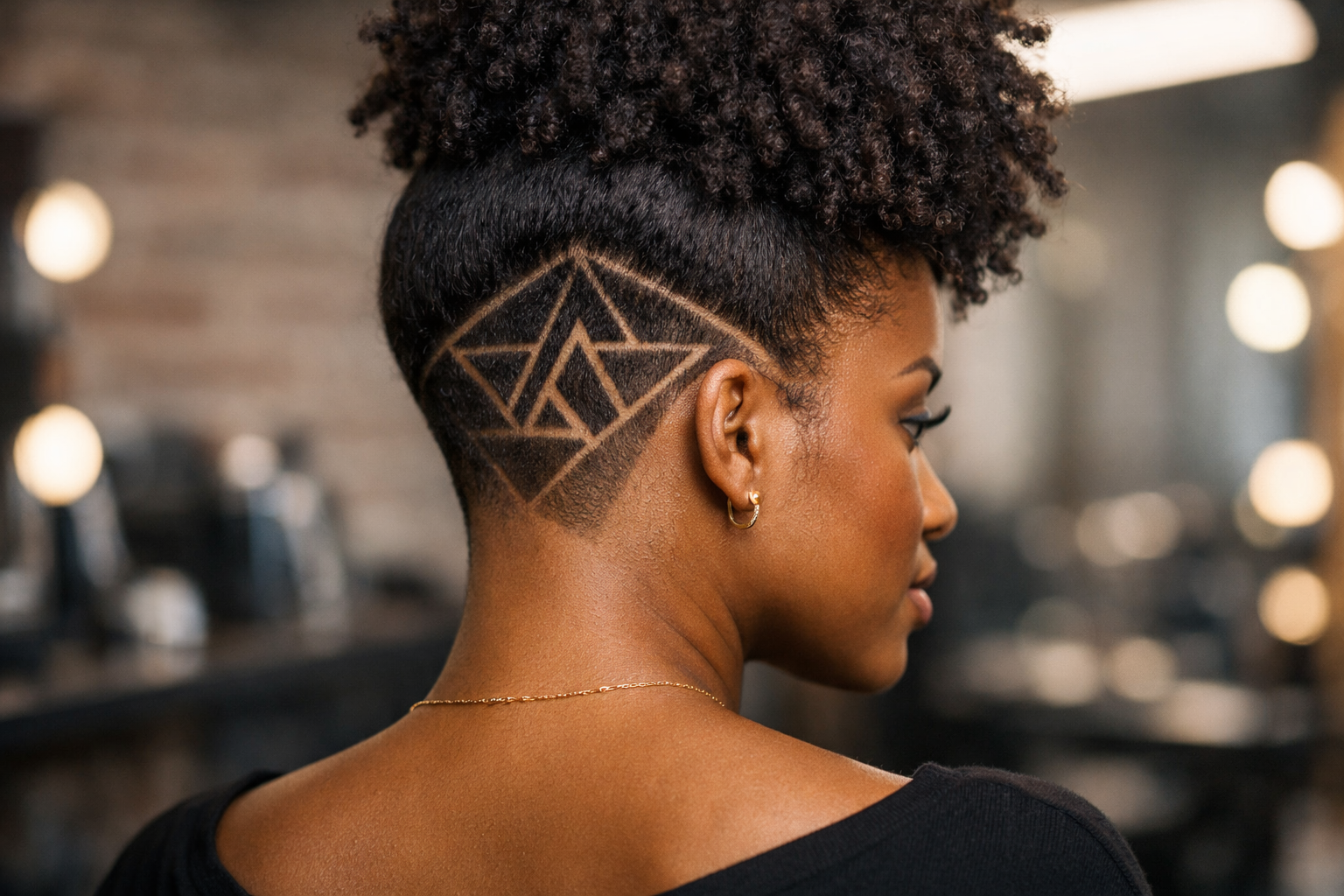 Design geométrico triangular raspado na nuca feminina com contraste definido