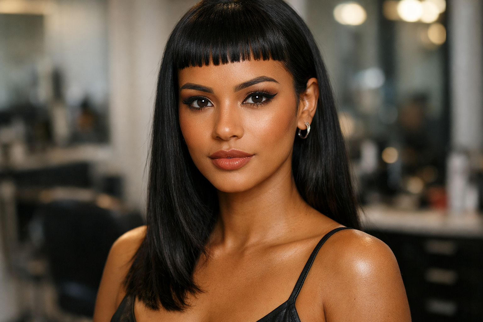 Baby bangs curtíssima reta em mulher com rosto coração e cabelo preto liso