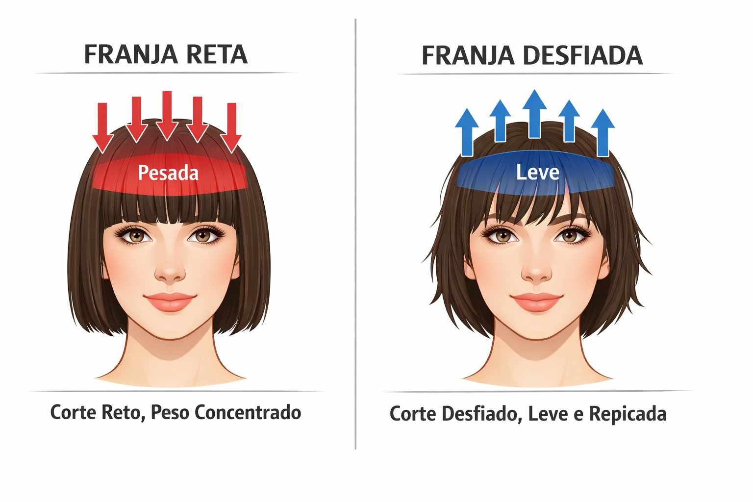 Diagrama técnico mostrando peso visual em franja reta versus franja texturizada