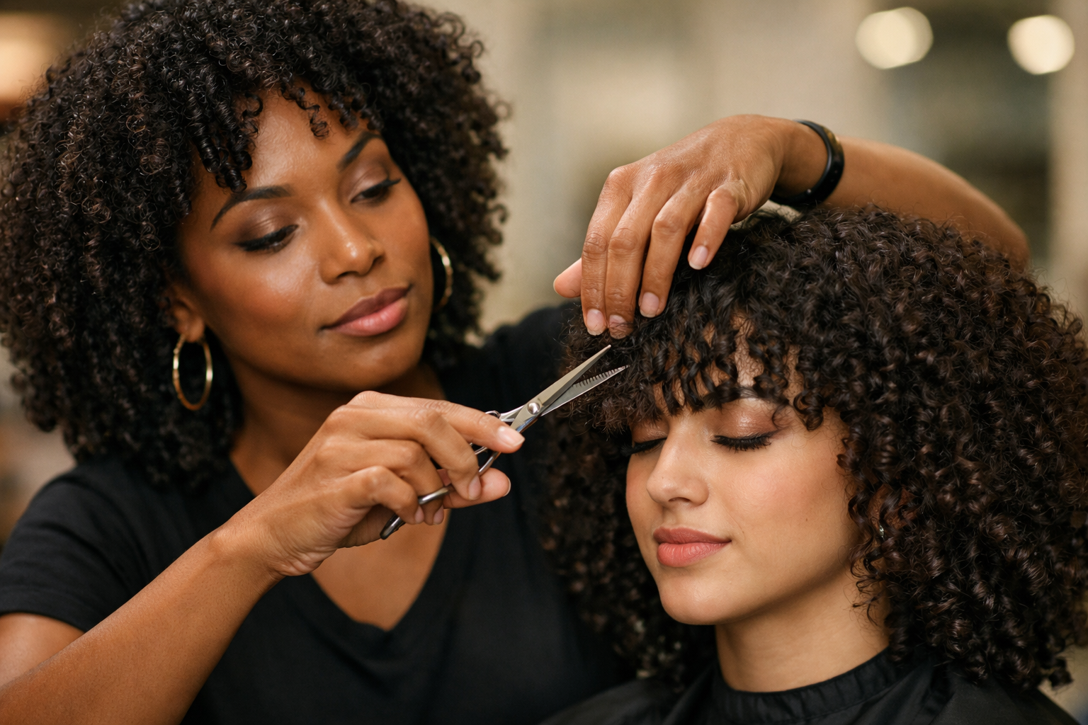 Cabeleireiro executando técnica de dry cutting em franja de cabelo cacheado tipo 3C