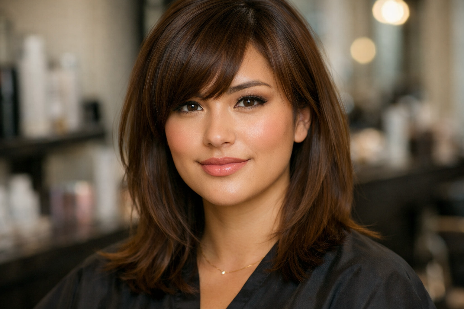 Franja lateral em cabelo liso castanho com queda diagonal suave em mulher com rosto redondo