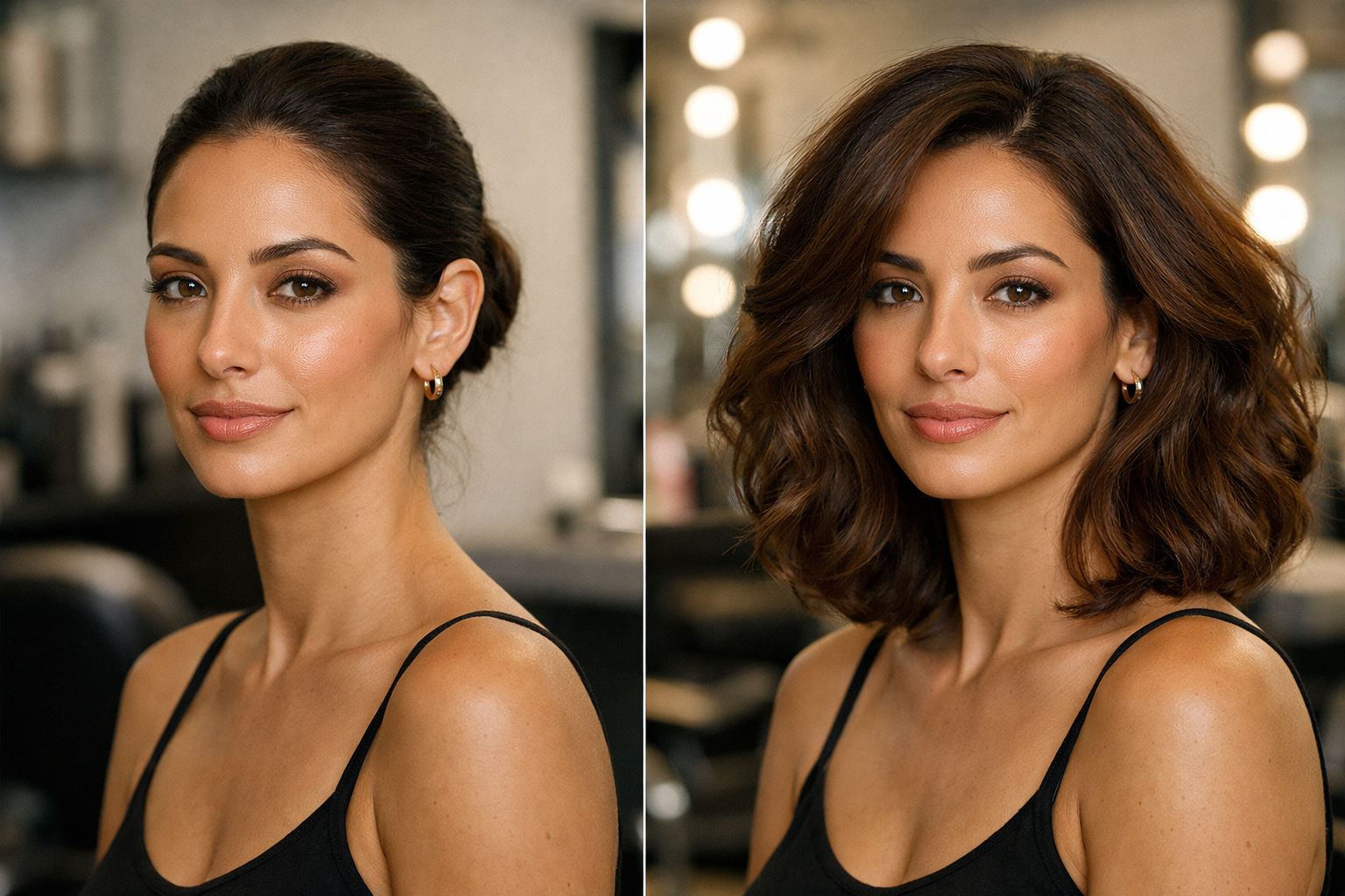 Demonstração visual de proporção facial em mulher com rosto oblongo comparando volume vertical versus lateral