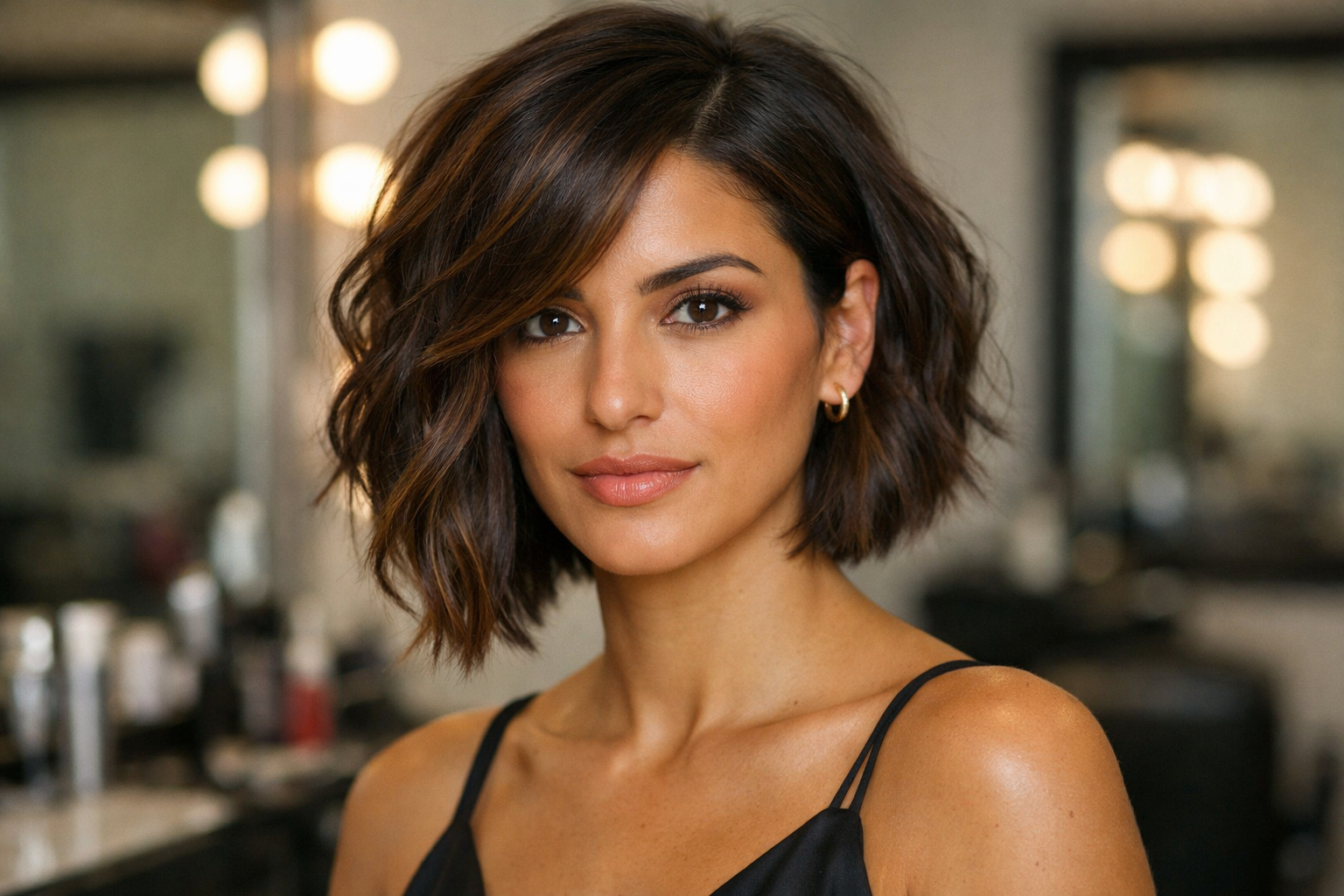 Corte bob assimétrico ondulado para rosto alongado, um lado mais curto que o outro com ondas suaves criando volume lateral e quebrando linha vertical