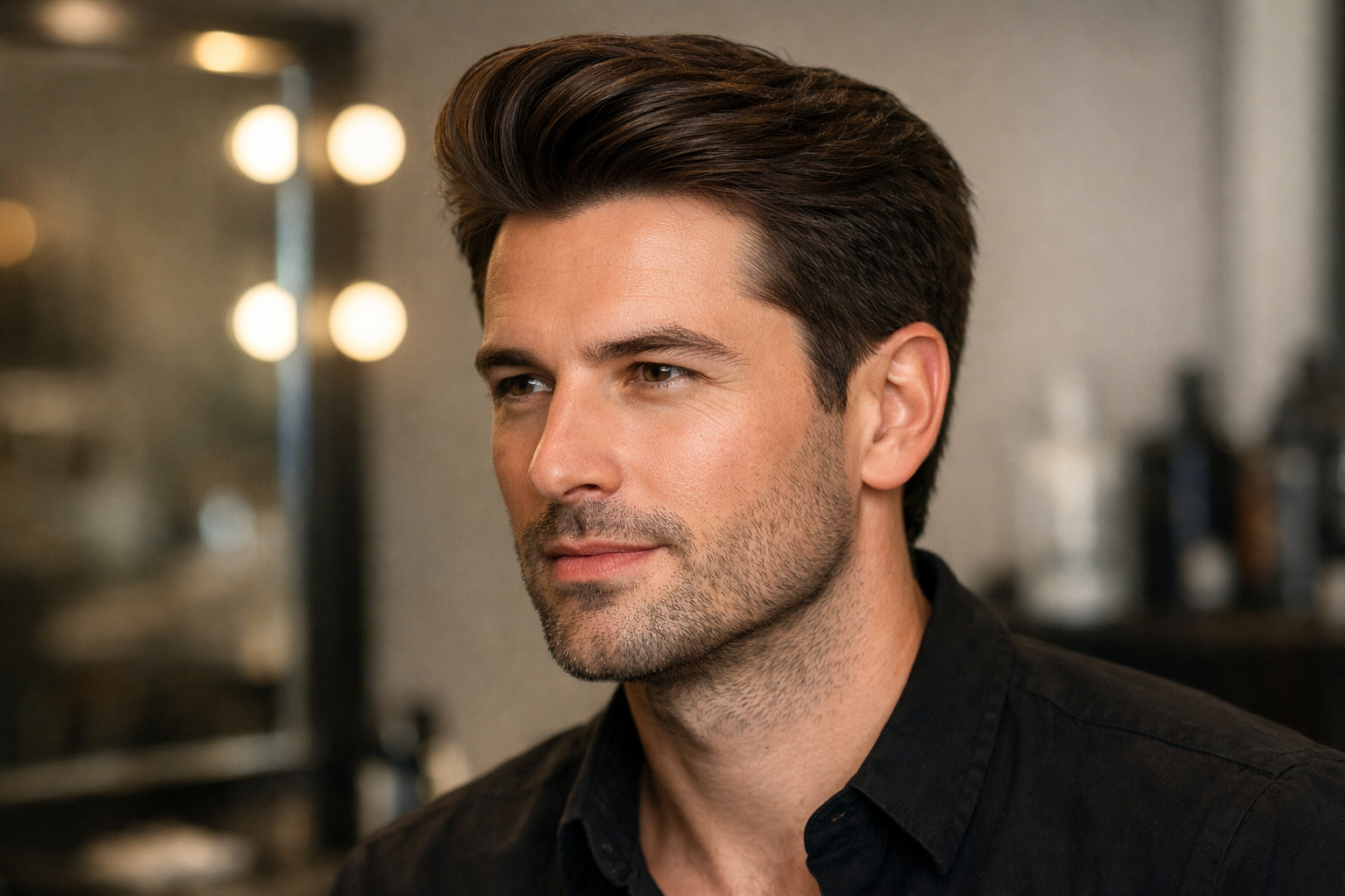 Pompadour lateral masculino para rosto fino com volume distribuído horizontalmente e laterais texturizadas, não raspadas