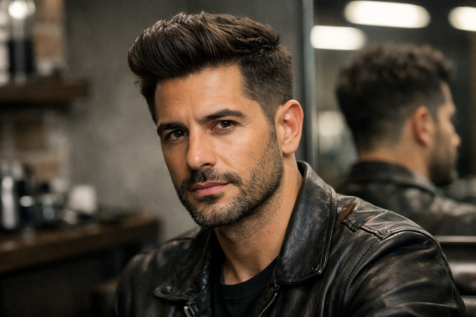 Homem com rosto fino usando degradê baixo com volume preservado nas têmporas, fade começando apenas na nuca para criar largura lateral
