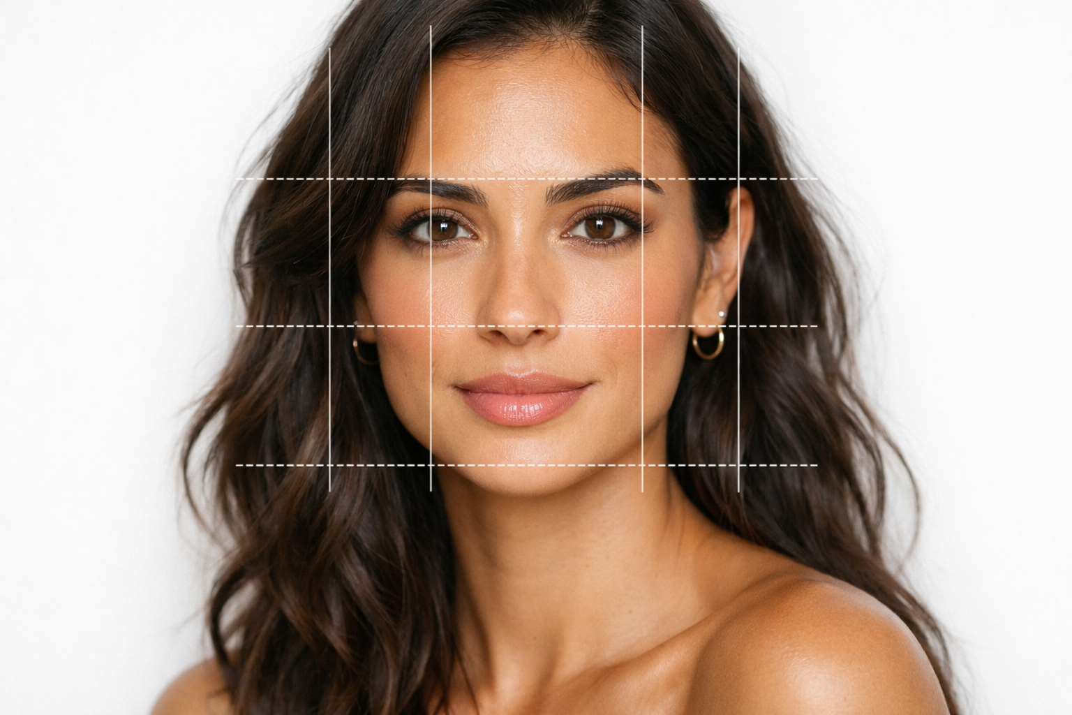 Diagrama de terços faciais em mulher com rosto oval e cabelos ondulados