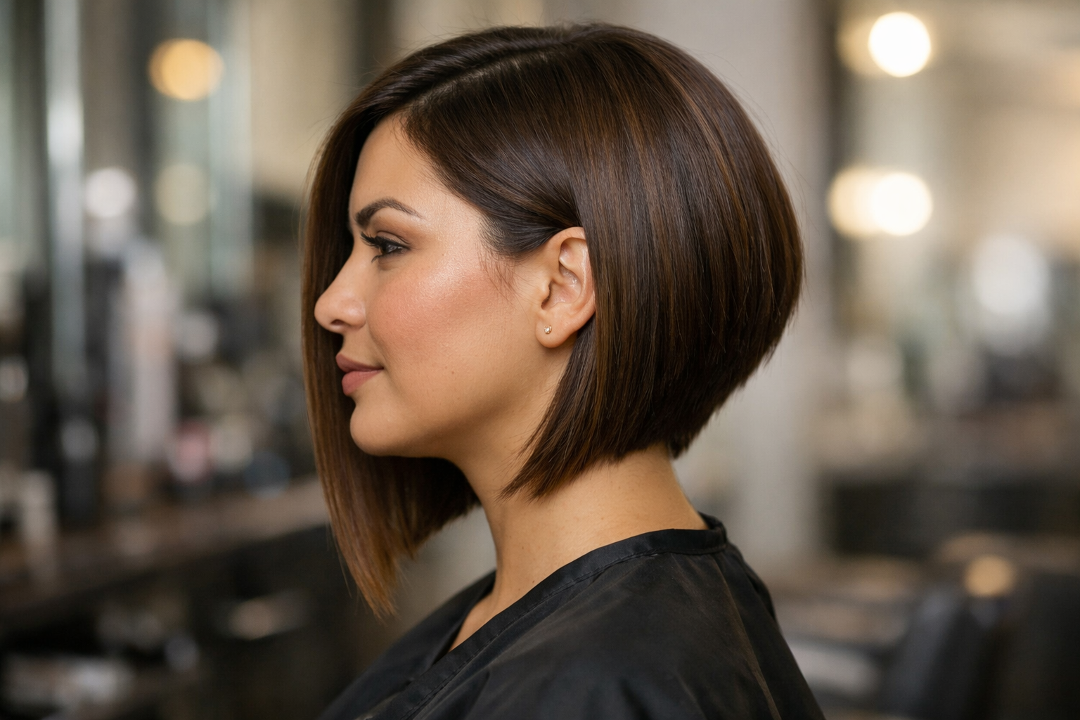 Corte long bob assimétrico em mulher com rosto redondo e cabelo castanho