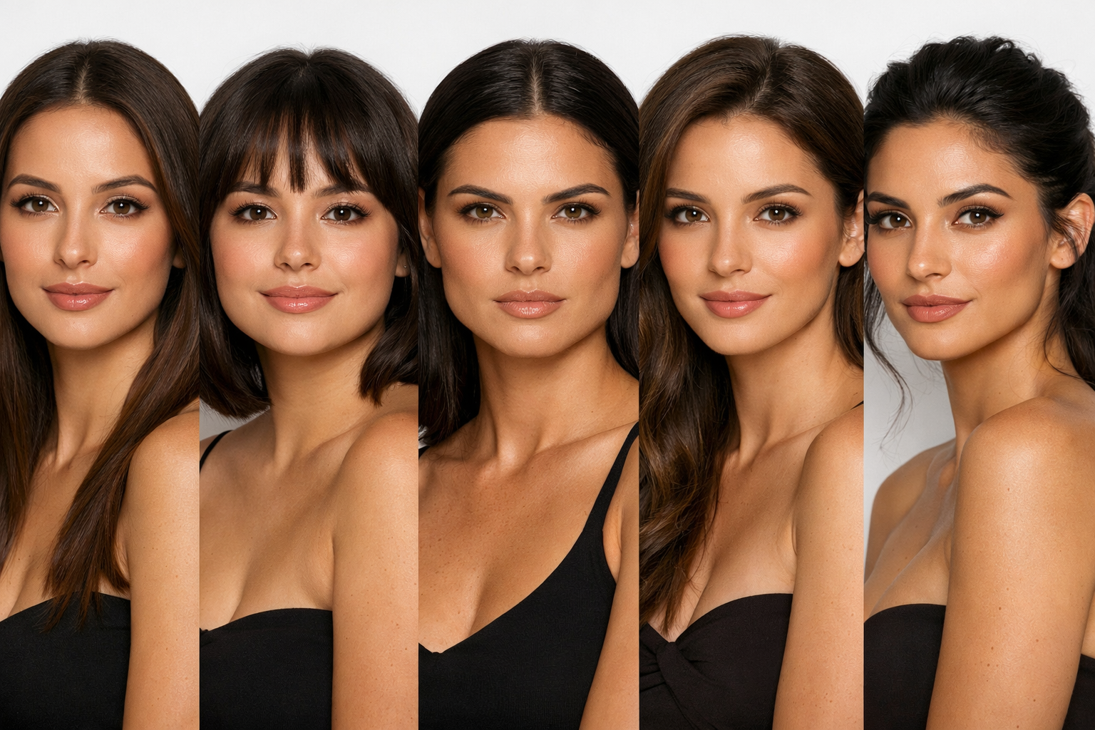Comparação lado a lado dos cinco formatos de rosto femininos com medidas
