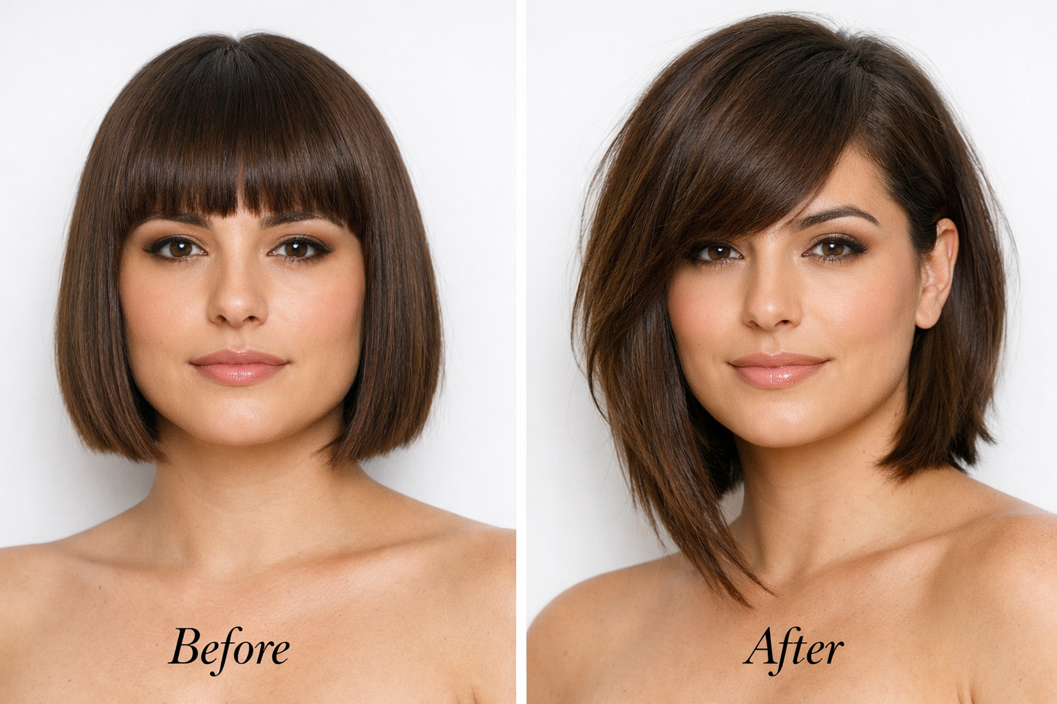 Comparação antes e depois de visagismo em mulher com rosto redondo